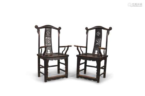 A PAIR OF ELMWOOD YOKE BACK ARMCHAIRS, 19th century, with arched top rail and concave vertical splat