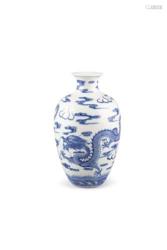 A BLUE AND WHITE OVOID DRAGON VASE, bearing Qianlong seal mark, painted with two dragons in mutual
