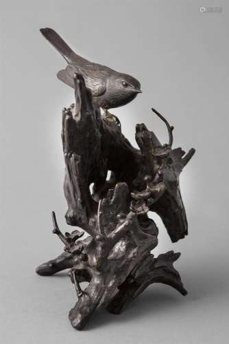 A JAPANESE BRONZE GROUP, Meiji Period (1868 - 1912), modelled as a sparrow perched on a knarled tree