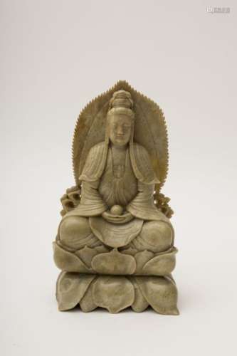 Soapstone Buddha Seated on a throne with a double...
