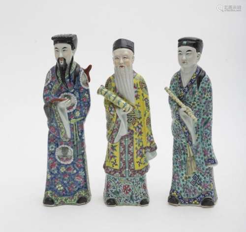 Three statues of sages China, polychrome porcelai...