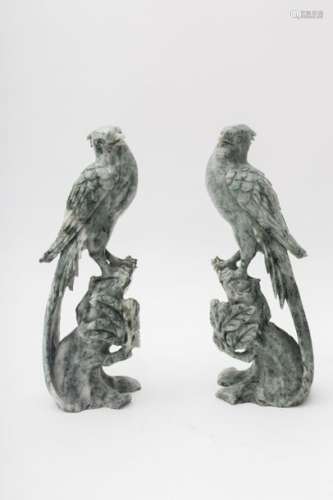 Pair of birds carved from milky green and white ja...