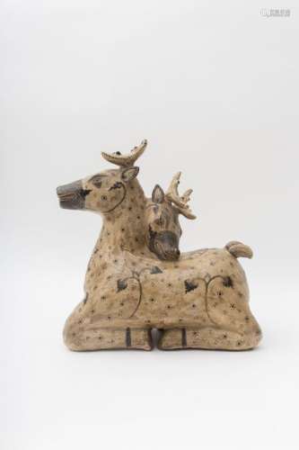 Cizhu stoneware figurine of a two headed deer Chin...
