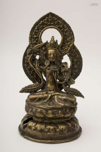 Brass Buddha figurine Seated on a throne with a d...