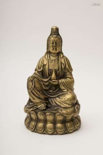 Guanyin Brass, seated on a throne with a double r...