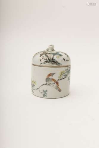 Small covered pot White porcelain with overglaze ...