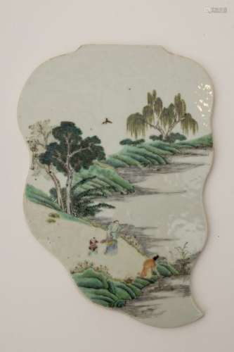 Three figures on a river's edge Porcelain plaque ...