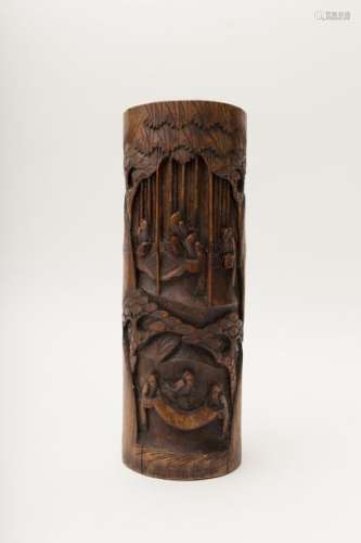 Carved bamboo bitong Featuring scholars in landsc...