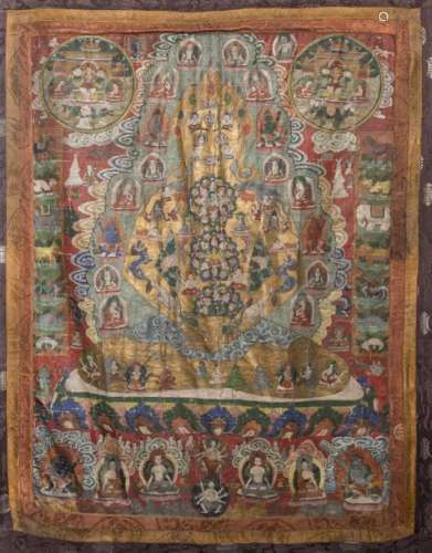 Large thangka Tibet Painted on silk, mounted on a...