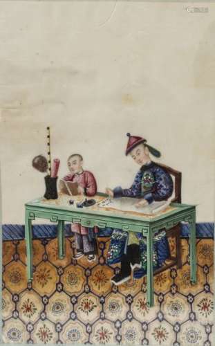 Scholar at his desk Painting on silk.  Framed a...