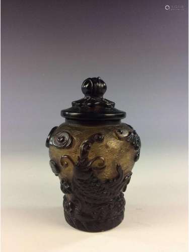 Vintage Chinese cased Peking glass lidded jar with fishand mark