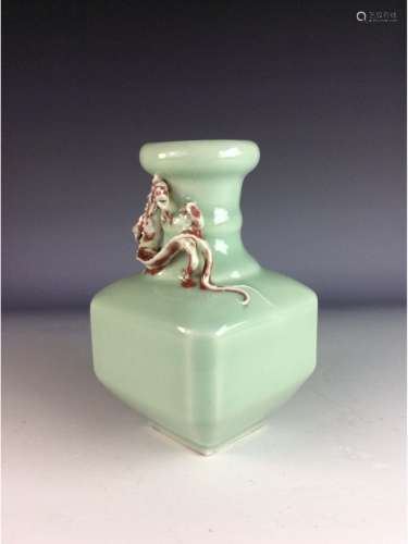 Chinese celadon vase in shape of square abdomen, with the embellishment of hornless dragon on neck