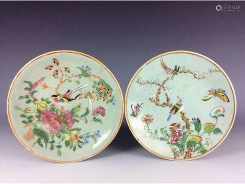 Pair of Chinese celandon porcelain plates painted with flower and bird.