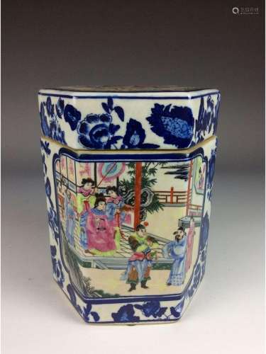 Chinese porcelain pot, famille rose on blue & white glaze, marked