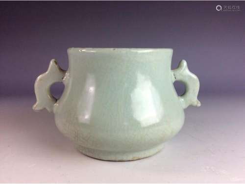 Chinese celadon crackled glazed censer with twin ears mark on base.