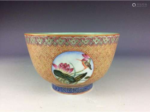Vintage Chinese porcleian bowl, Famille rose glaze, panel decrodated with flowers & birds, marked