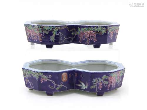 Rare of a pair of Chinese porcelain planters. Purple glaze with decoration, four-character mark on base.
