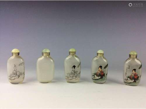 Set of 5 pieces Chinese glass snuff bottles with inner painting.