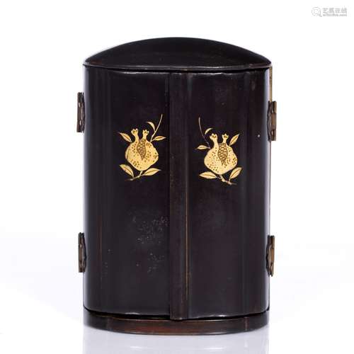 Black lacquer cabinet Late Meiji Sharito with two doors within which is a wood figure of Kannon