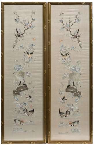 Pair of silk panels Chinese, circa 1900 depicting swifts, butterflies and ducks 58cm x 16cm