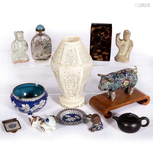 Group of Chinese pieces to include Song type figures, bronze money clip, Yixing teapot, whistle,