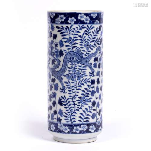 Blue and white cylindrical vase Chinese, 19th Century with dragon and flower designs, Kangxi