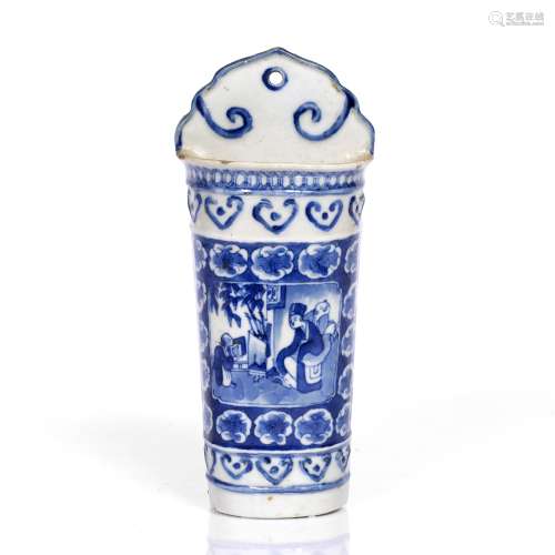 Blue & white wall pocket Chinese, 19th century with ruyi head borders, with a central scene,
