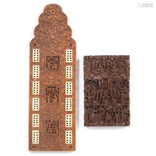 Canton carved wood visiting case Chinese, late 19th Century with temple, pine trees and scholars