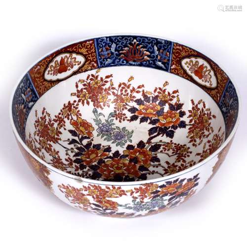 Large porcelain bowl Japanese, 20th Century painted in the Imari palette with vase of flowers, 39cm