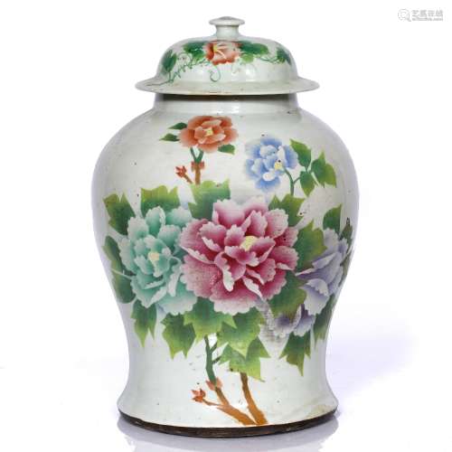 Vase and cover Chinese, 20th Century painted with peonies and poem 42cm