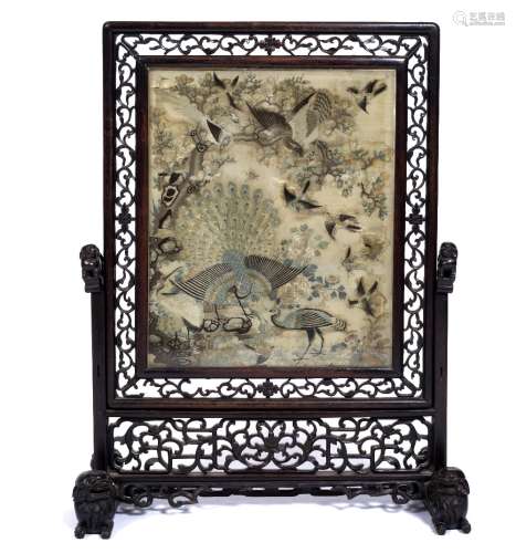 Hardwood and embroidered table screen Chinese, 19th Century the inset panel having peacock, swifts