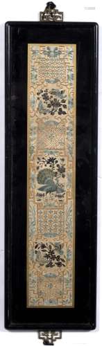 Pair of embroidered panels Chinese, late 19th Century decorated with birds, peacocks and