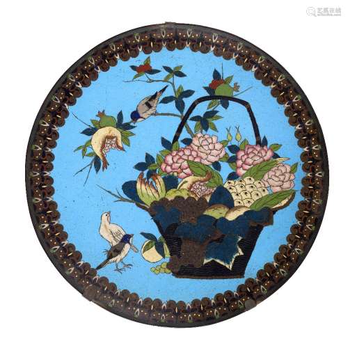 Cloisonne charger Japanese, circa 1900 birds and a basket of blossom 37cm