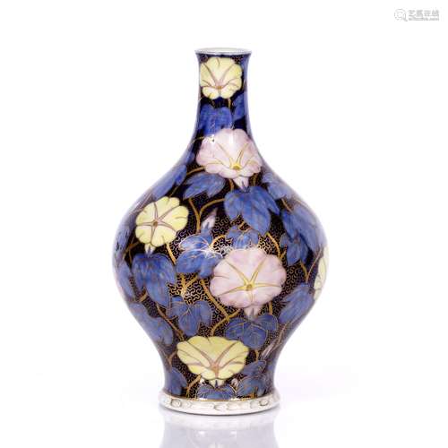 Fukagawa small vase Japanese, Meiji of cobalt blue ground with leaf decoration 19.5cm