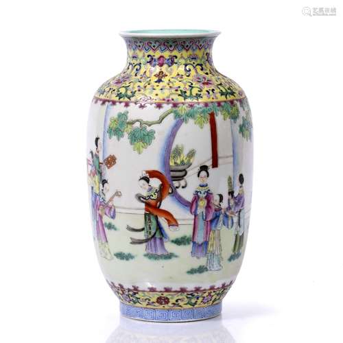 Ovoid porcelain vase Chinese, Republic Period painted with various ladies in a garden some holding