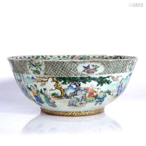 Famille verte punch bowl Chinese, 19th Century with panels of figures and birds 40cm