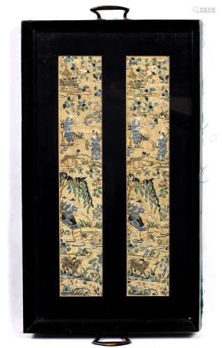 Embroidered silk panels Chinese, 19th/20th century to include a tray inset with two silk studies