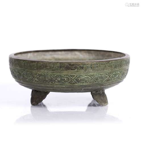 Bronze censer Chinese, 19th Century with archaic designs on four palmette feet 22cm diameter