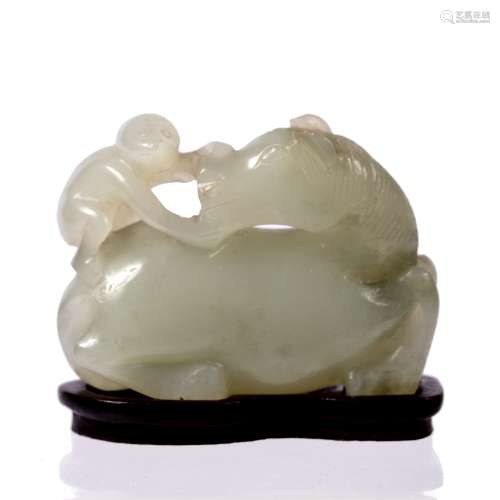 White jade horse and monkey Chinese, 19th Century carved with the horses head turned towards the