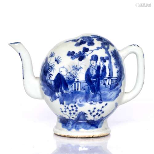 Blue and white Cadogan teapot Chinese, 19th Century depicting two figures in a garden on one side