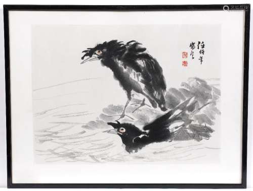 After Qi Baishi Chinese, 20th century pair of ink studies on paper, depicting sparrows and foliage