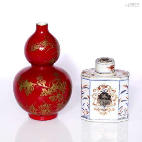 Imari decorated tea caddy Chinese, 18th century hand-decorated octagonal-form, and a Chinese red