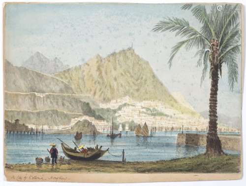 Watercolour Hong Kong, 19th century view of the coastal city, paper mounted on card, inscription