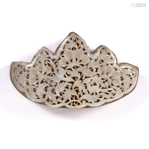 White jade lotus leaf shaped plaque Chinese, 18th Century pierced and carved with birds and