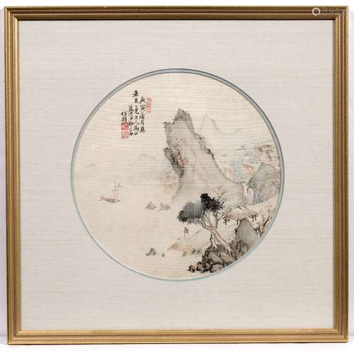 Chinese school watercolour on silk painting in the Ming style,mountain and lake with figures.