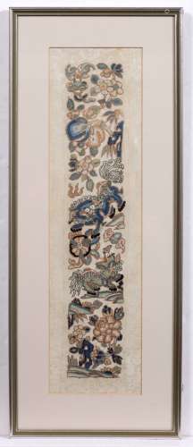 Silk sleeve band Chinese, 19th century decorated with dragons and flower motifs, laid on silk 53cm x