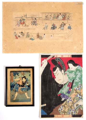 A collection of watercolours and woodblock prints Japanese, 19th/20th century including five