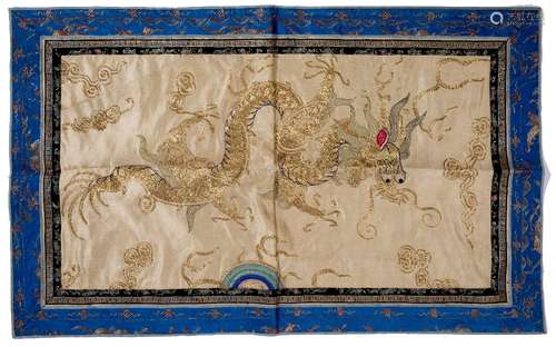 Embroidered panel Chinese with gold thread dragon within a blue panelled border. 48 by 80 cm