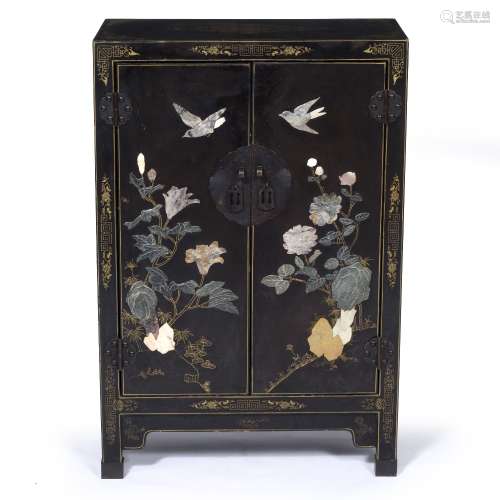 Lacquered cabinet Chinese with hardstone mounts of birds and flowers on the panelled doors 61.5cm