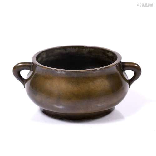 Bronze Censer Chinese, 19th century of simple form, on three short legs, Xuande mark to base 14cm